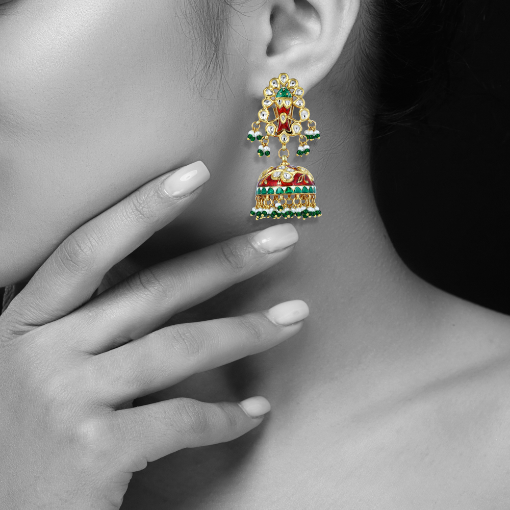 Polki Jhumka Earrings with Red-Green Enamel and Green Beads